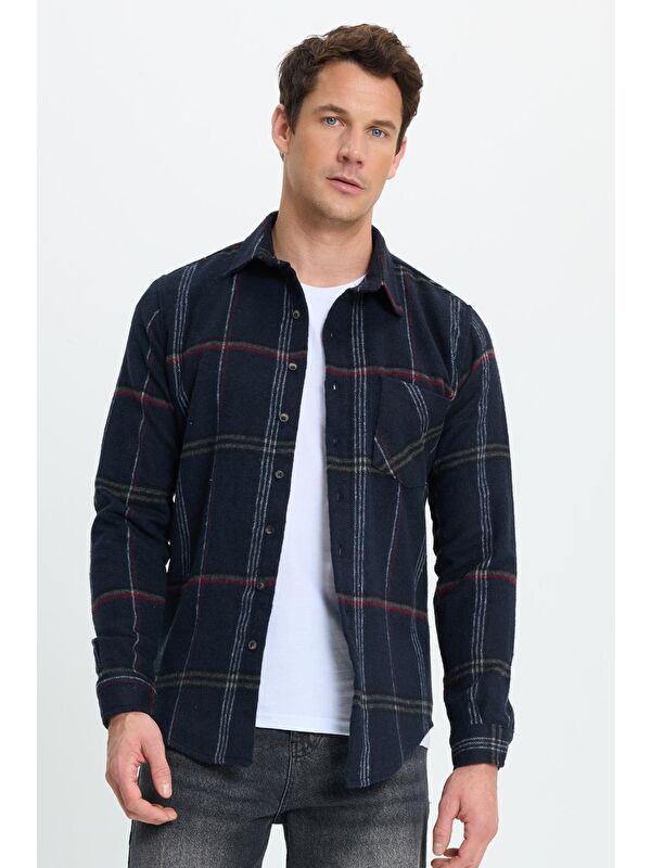 TUDORS Erkek Slim Fit Dar Kesim Kareli Cepli Siyah Oduncu Gömlek