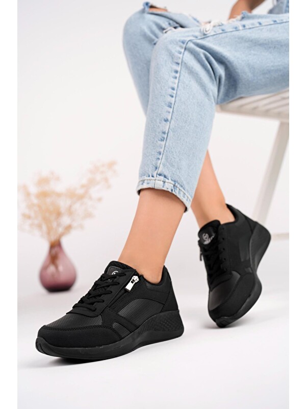 Muggo ASİA Kadın Ortopedik Günlük Bağcıklı Yandan Fermuarlı Rahat Sneaker Spor Ayakkabı