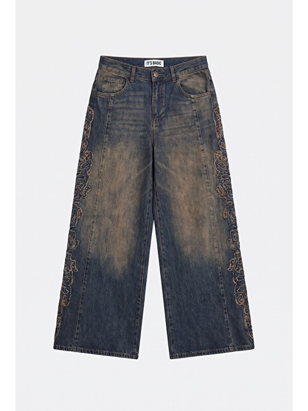 It's Basic Kadın Koyu Jean 4w6-32 Palazzo Fit Özel Nakış Detaylı Tasarım Denim Jean