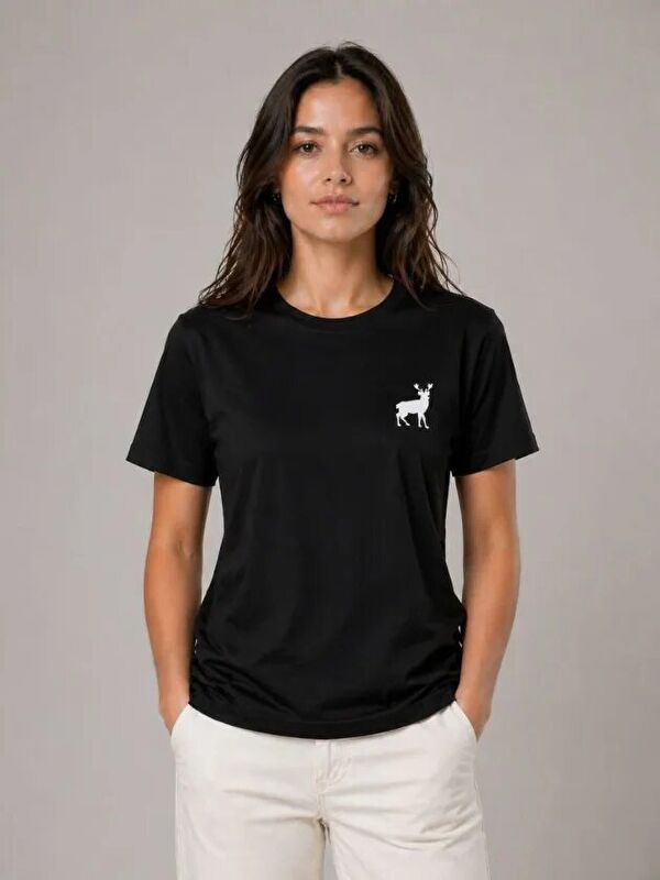 Jane's Minimal Geyik Logolu Tişört Bisiklet Yaka Kısa Kol Yazlık T-Shirt - Siyah