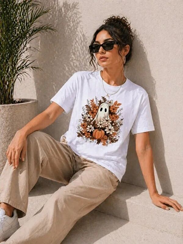 Jane's Balkabağı Hayalet Baskılı Tişört Kısa Kol Yazlık T-Shirt - Beyaz