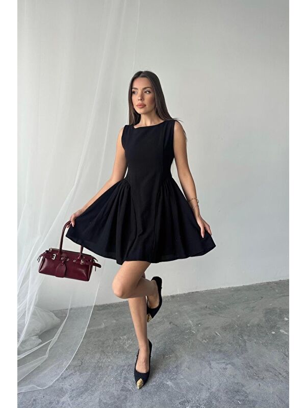 Jane's Siyah Mini Boy Büzgülü Keten Elbise