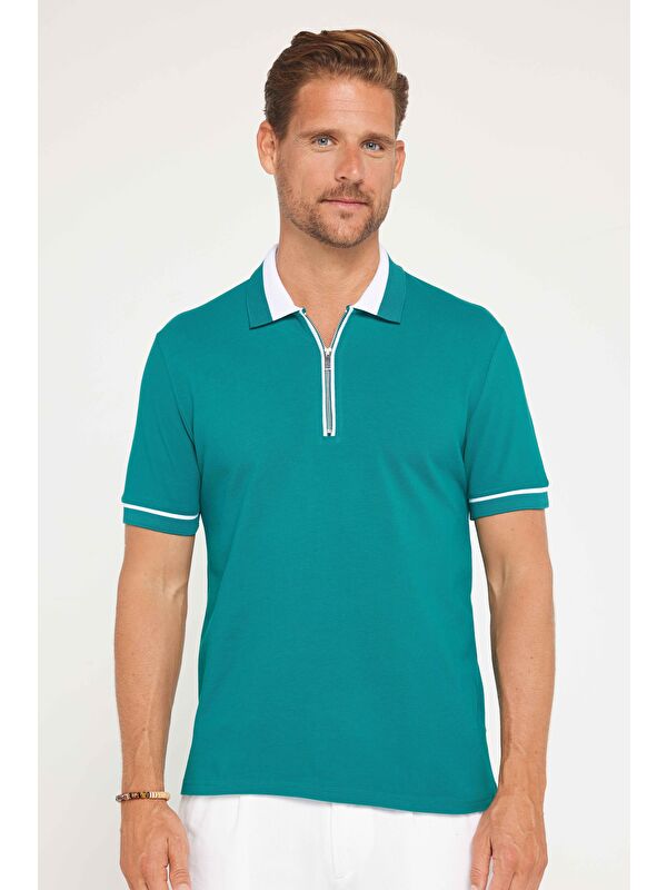 TUDORS Erkek Slim Fit Dar Kesim %100 Pamuk Düz Pike Fermuarlı Yeşil Polo Yaka Tişört