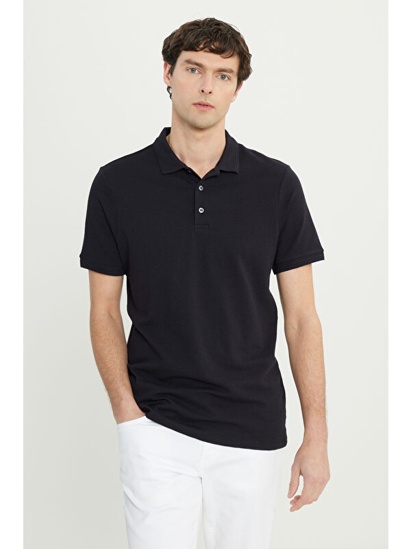 Altınyıldız Classics Erkek Siyah Pamuklu Slim Fit Dar Kesim Polo Yaka Jakarlı Esnek Tişört