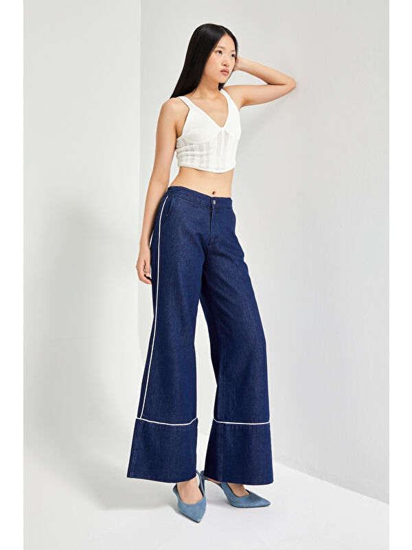 It's Basic Kadın Lacivert Renk 7w5-50/1 Wide Leg Fit Şerit Detaylı Tasarım Denim Jean