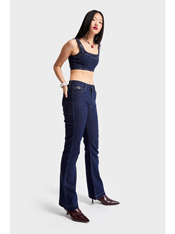 It's Basic Kadın Lacivert Renk 19w5-33 Yüksek Bel Flare Fit Aksesuar Detaylı Esnek Kumaş Tasarım Denim Jean