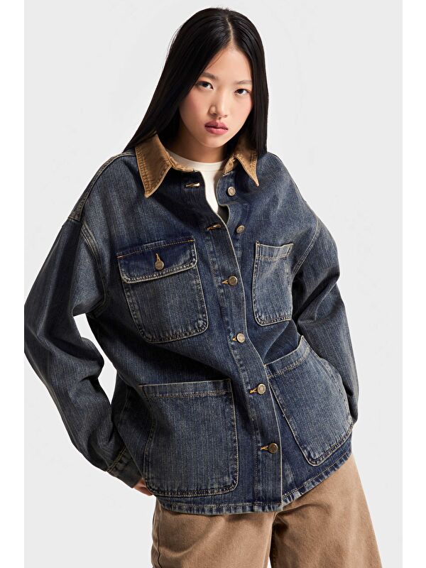 It's Basic Kadın Jean Rengi 2w5-8 Oversize Önü Düğmeli Yaka Detaylı Tasarım Denim Ceket