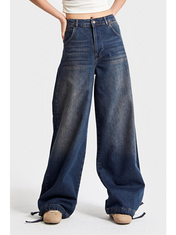 It's Basic Kadın Jean Rengi 2w5-8 Straight Palazzo Fit Paçası Bağcıklı Süper Bol Kesim %100 Pamuk Denim Jean