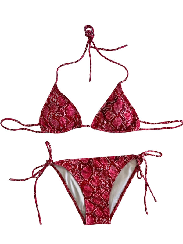 Hazelin Kadın Kırmızı Yılan Derisi Desen Boyundan İp Bağlamalı Üçgen Bikini Takımı HZL25S-LC5005