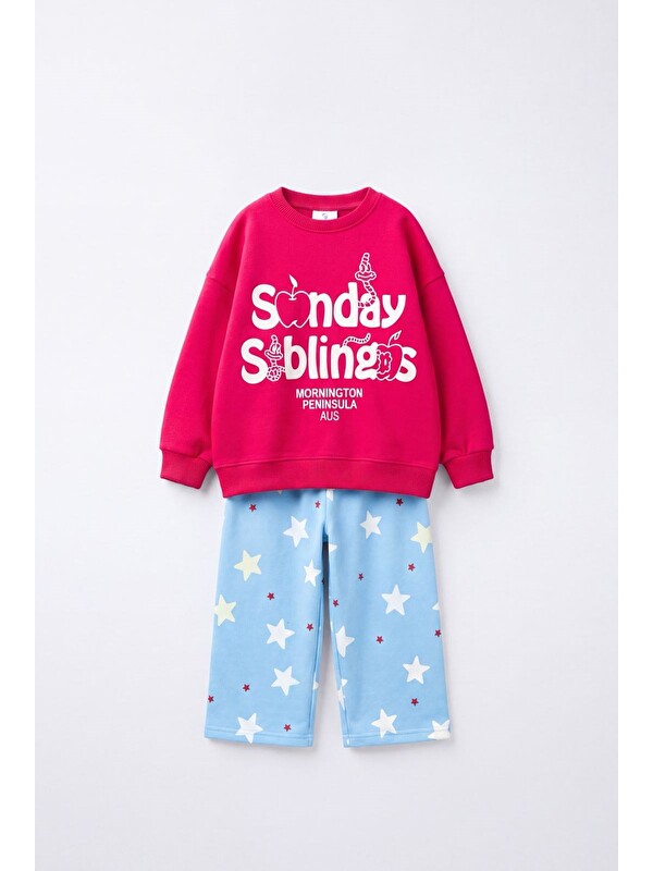 Magu Unisex Çocuk Kırmızı Sweatshirt Ve Desenli Mavi Eşofman Takımı
