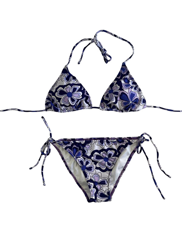 Hazelin Kadın Lila Çiçek Desenli Boyundan İp Bağlamalı Üçgen Bikini Takımı HZL25S-LC5005