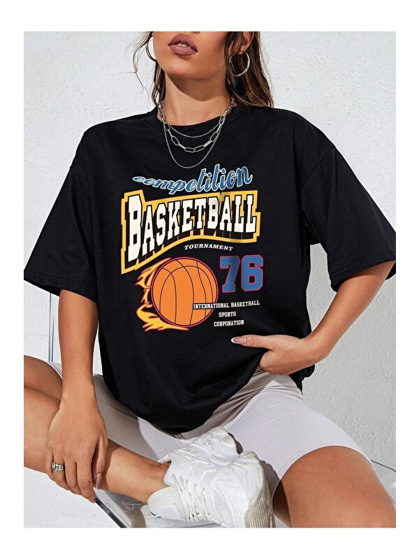 Trendseninle Kadın Siyah Basketball Tournament Baskılı Oversize Tişört