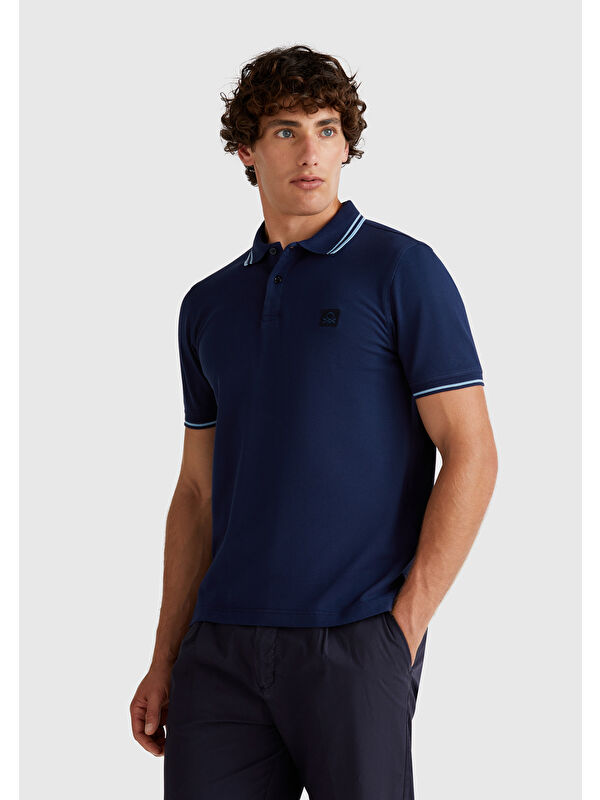 United Colors Of Benetton Erkek Lacivert Kol ve Yakası Çizgili Polo Tişört