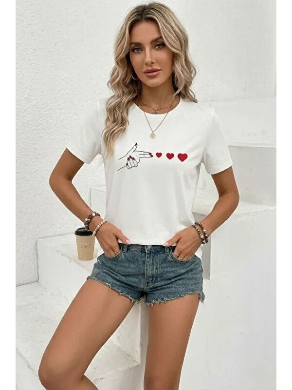 Jane's Minimal Kalp İşaret Baskılı Tişört Kısa Kol Yazlık T-Shirt - Beyaz