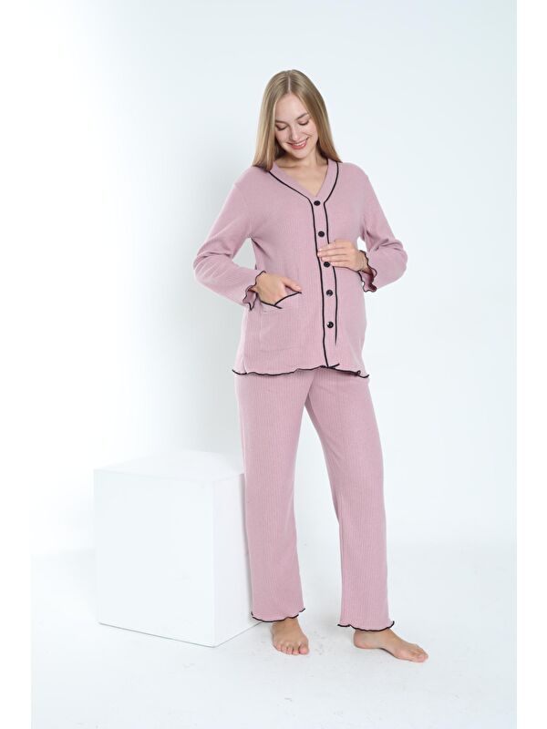 MİSS DÜNYA LİSSA Gül Kurusu Önden Düğmeli Ayarlanabilir Bel Kol ve Paça Fırfır Detaylı Hamile Pijama Takımı