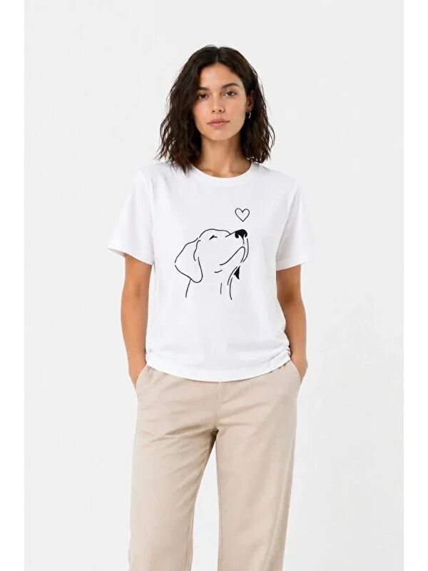 Jane's Köpek Figürlü Minimal Baskılı Tişört Kısa Kol Yazlık T-Shirt - Beyaz