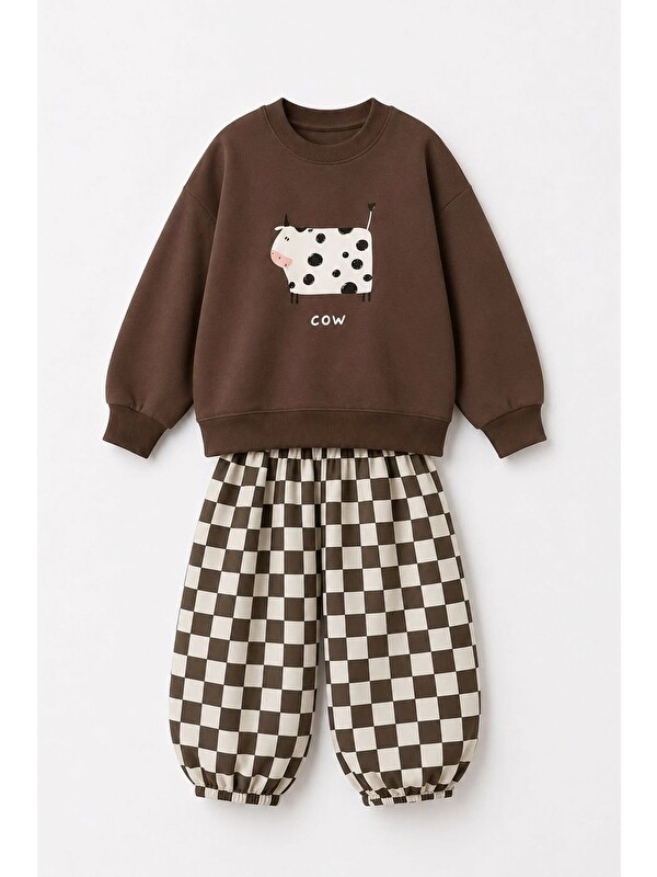 Monila Unisex Çocuk İnek Baskılı Kahverengi Sweatshirt Ve Dama Baskılı Eşofman Takım