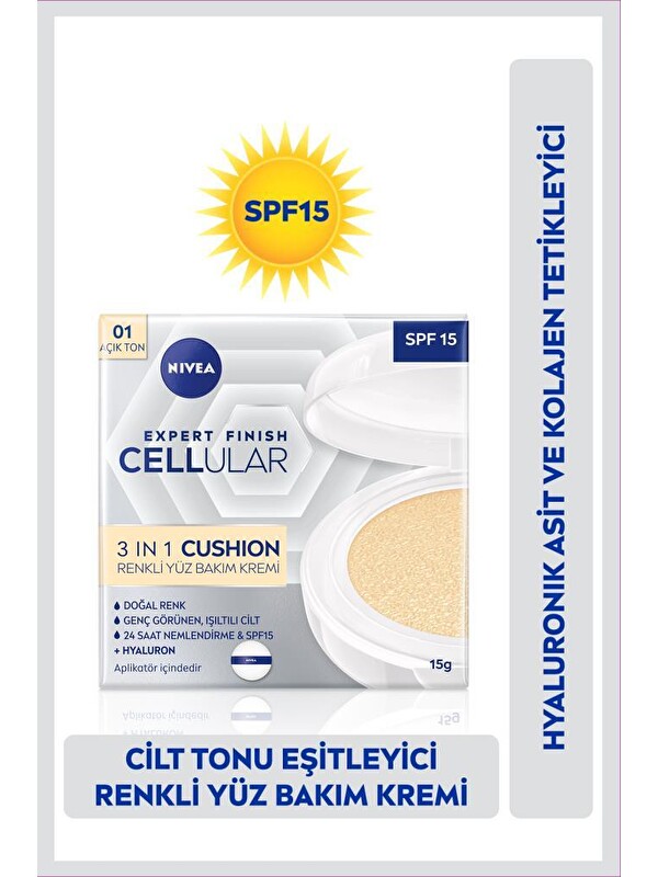NIVEA Cellular Expert Finish Cushion Renkli Yüz Bakım Kremi 15ml, Spf15, Açık Ton, Nemlendirici, Hyaluron
