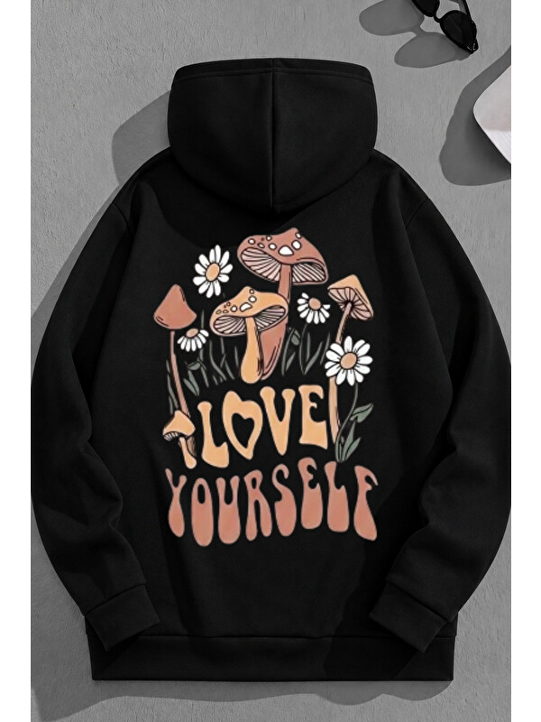 Trendseninle Unisex 3 İplik Pamuklu Siyah LoveYourself Baskı Bol Kalıp Sweatshirt Hoodie