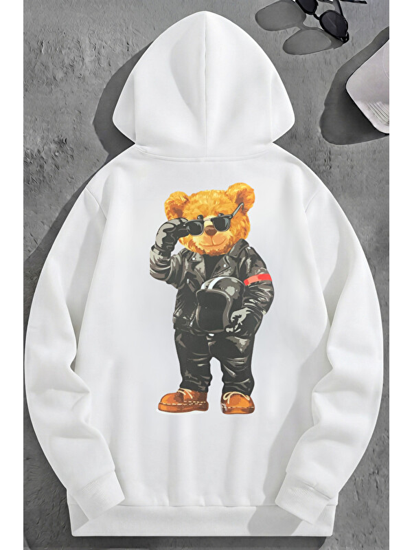 Trendseninle Unisex 3 İplik Pamuklu Beyaz MotorcuBear Baskı Bol Kalıp Sweatshirt Hoodie