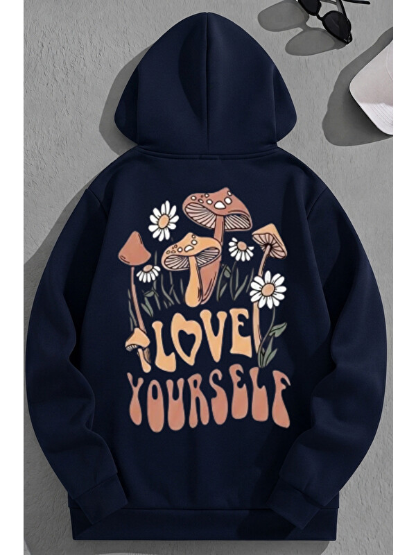 Trendseninle Unisex 3 İplik Pamuklu Lacivert LoveYourself Baskı Bol Kalıp Sweatshirt Hoodie