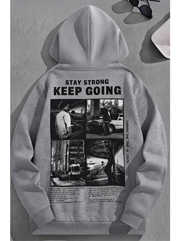 Trendseninle Unisex 3 İplik Pamuklu Gri KeepGoing Baskı Bol Kalıp Sweatshirt Hoodie