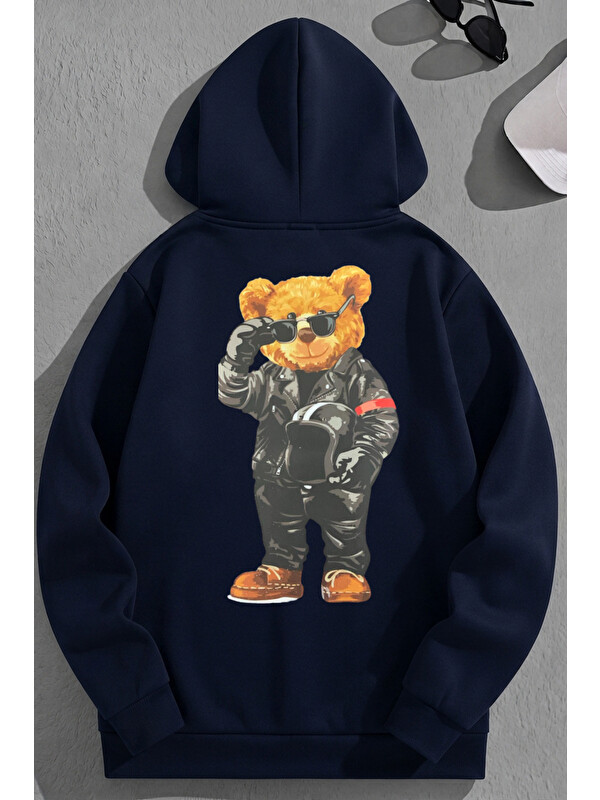 Trendseninle Unisex 3 İplik Pamuklu Lacivert MotorcuBear Baskı Bol Kalıp Sweatshirt Hoodie