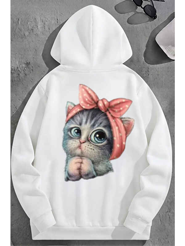 Trendseninle Unisex 3 İplik Pamuklu Beyaz MinikKedi Baskı Bol Kalıp Sweatshirt Hoodie