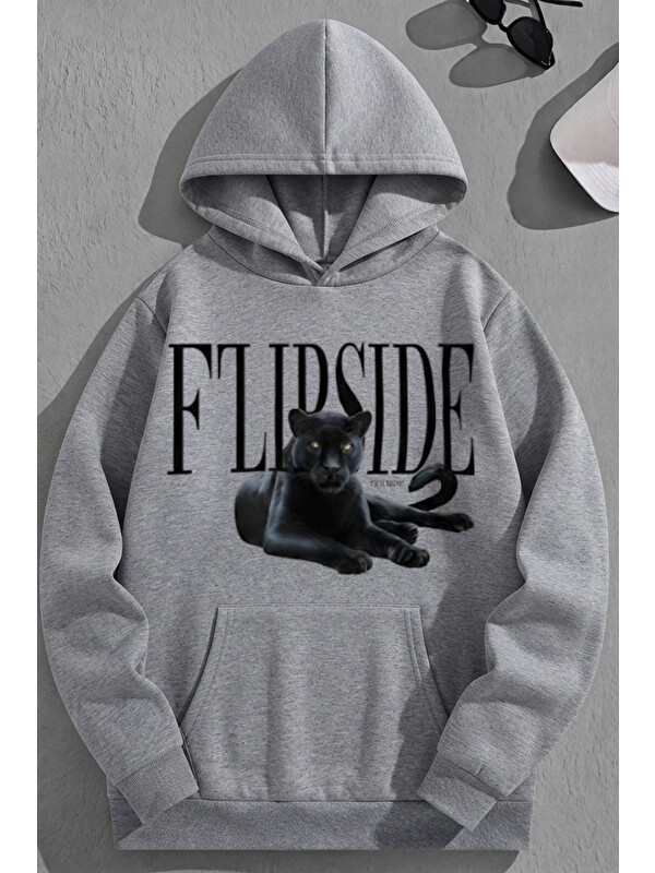 Trendseninle Unisex 3 İplik Pamuklu Gri Flipside Baskı Bol Kalıp Sweatshirt Hoodie