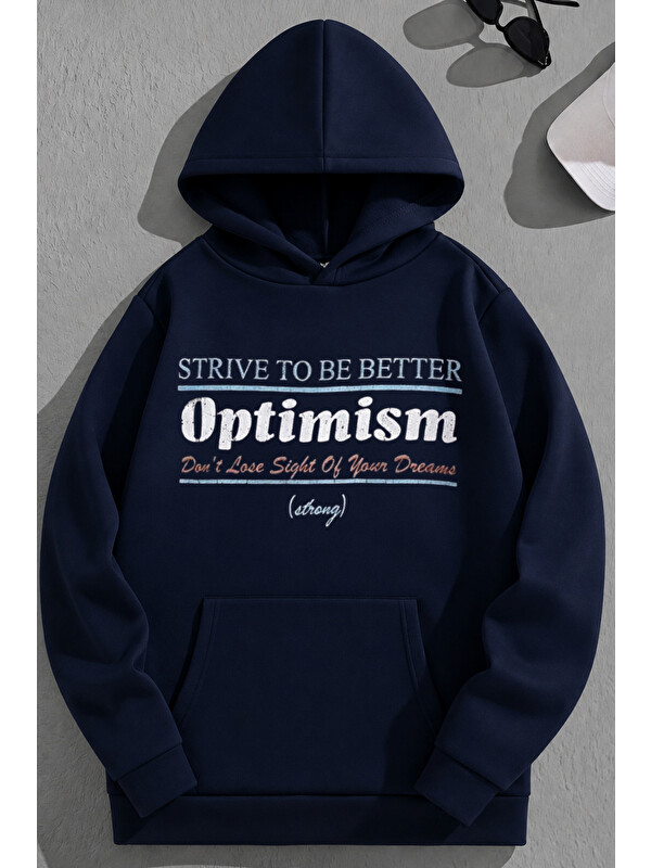 Trendseninle Unisex 3 İplik Pamuklu Lacivert Optimism Baskı Bol Kalıp Sweatshirt Hoodie
