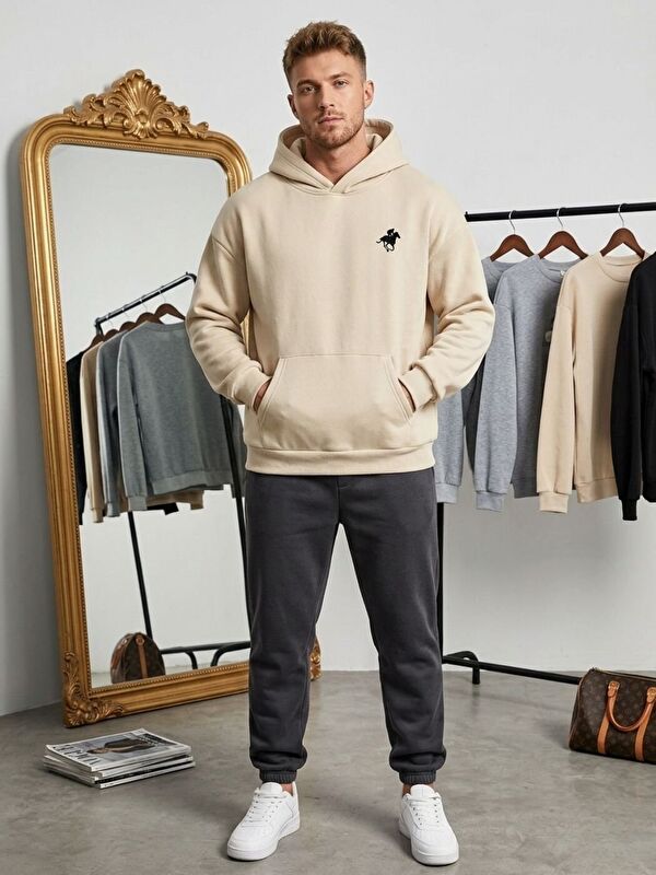 Trendseninle Bej Horse Baskılı Oversize Kapüşonlu Erkek Hoodie