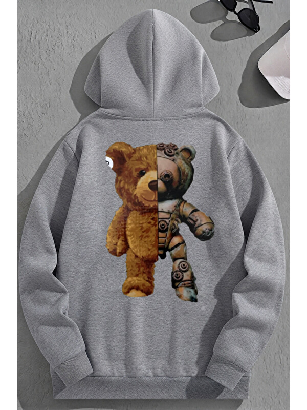 Trendseninle Unisex 3 İplik Pamuklu Gri RobotBEAR Baskı Bol Kalıp Sweatshirt Hoodie