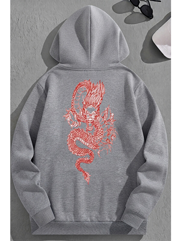 Trendseninle Unisex 3 İplik Pamuklu Gri RedDragon Baskı Bol Kalıp Sweatshirt Hoodie
