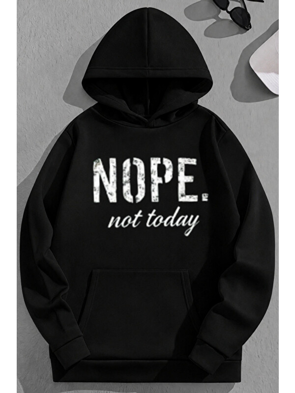 Trendseninle Unisex 3 İplik Pamuklu Siyah NOPE Baskı Bol Kalıp Sweatshirt Hoodie