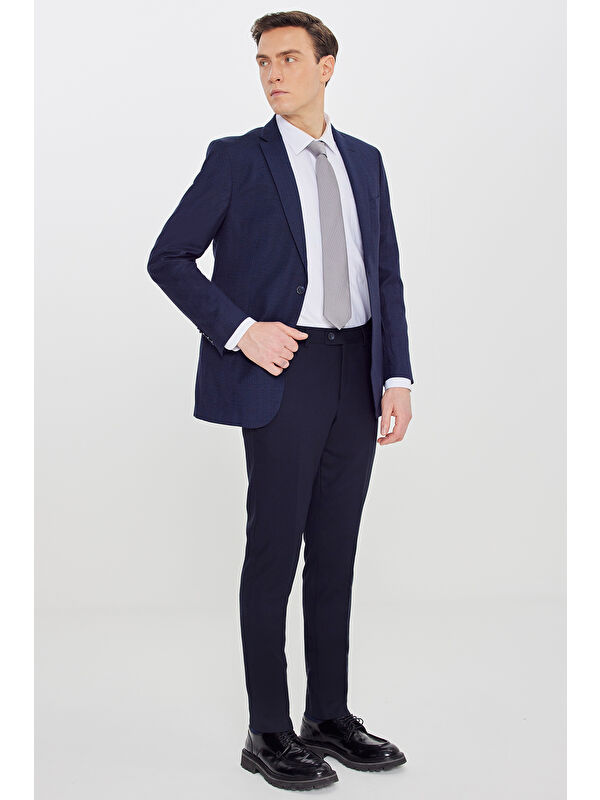 Altınyıldız Classics Erkek Lacivert-Mavi Slim Fit Mono Yaka Desenli Çift Pantolonlu Takım Elbise