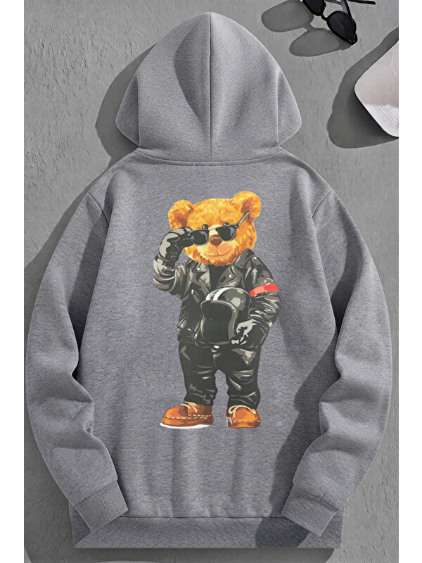 Trendseninle Unisex 3 İplik Pamuklu Gri MotorcuBear Baskı Bol Kalıp Sweatshirt Hoodie