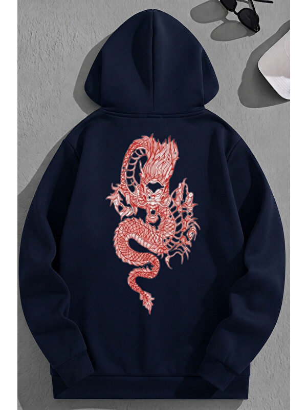 Trendseninle Unisex 3 İplik Pamuklu Lacivert RedDragon Baskı Bol Kalıp Sweatshirt Hoodie