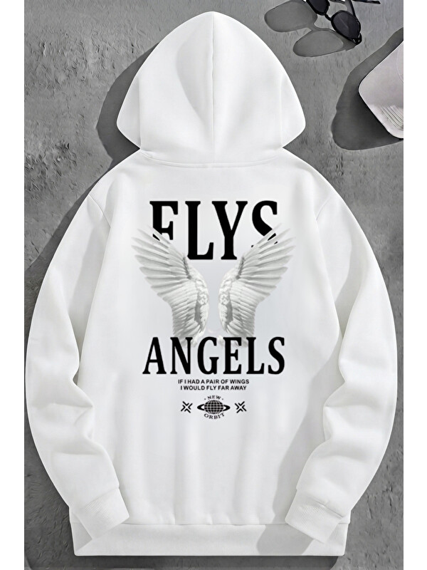Trendseninle Unisex 3 İplik Pamuklu Beyaz Flys Baskı Bol Kalıp Sweatshirt Hoodie