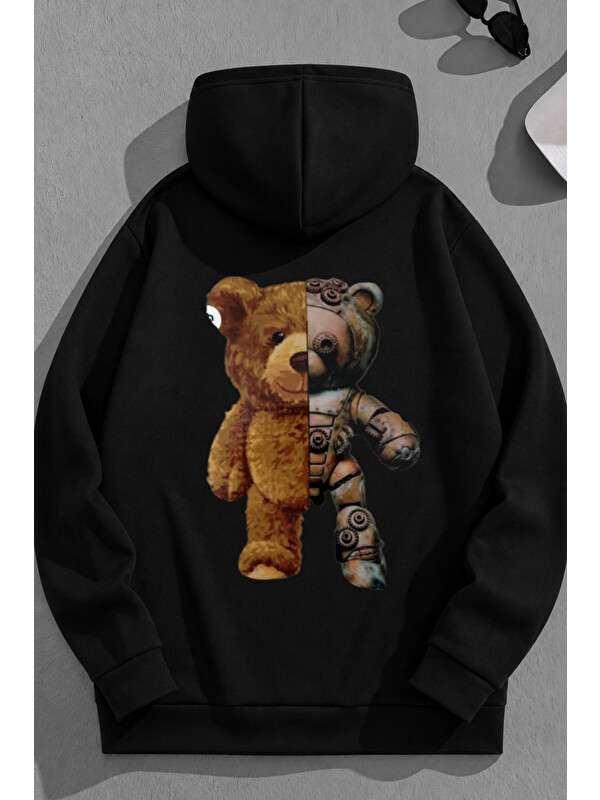 Trendseninle Unisex 3 İplik Pamuklu Siyah RobotBEAR Baskı Bol Kalıp Sweatshirt Hoodie