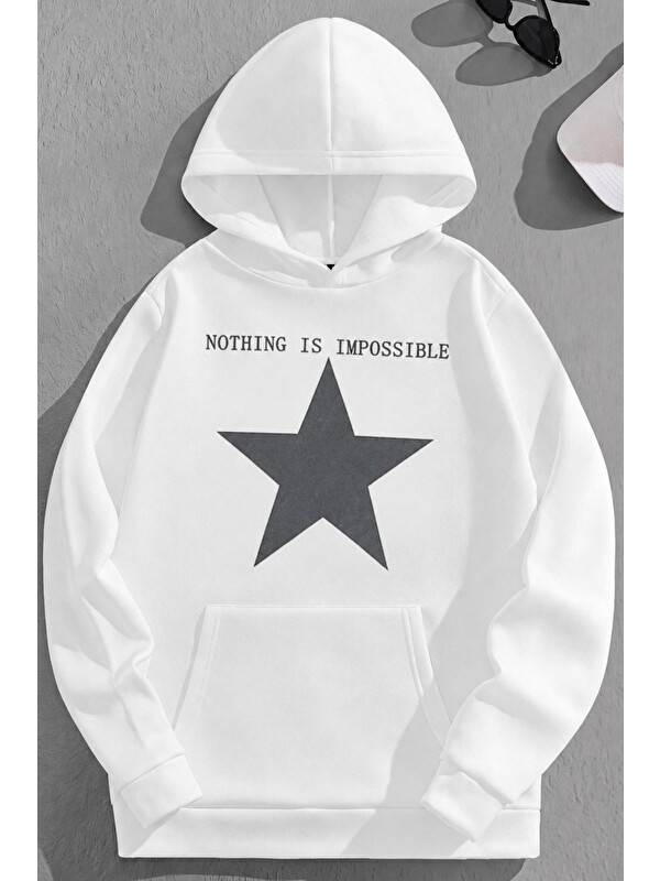 Trendseninle Unisex 3 İplik Pamuklu Beyaz Impossible Baskı Bol Kalıp Sweatshirt Hoodie