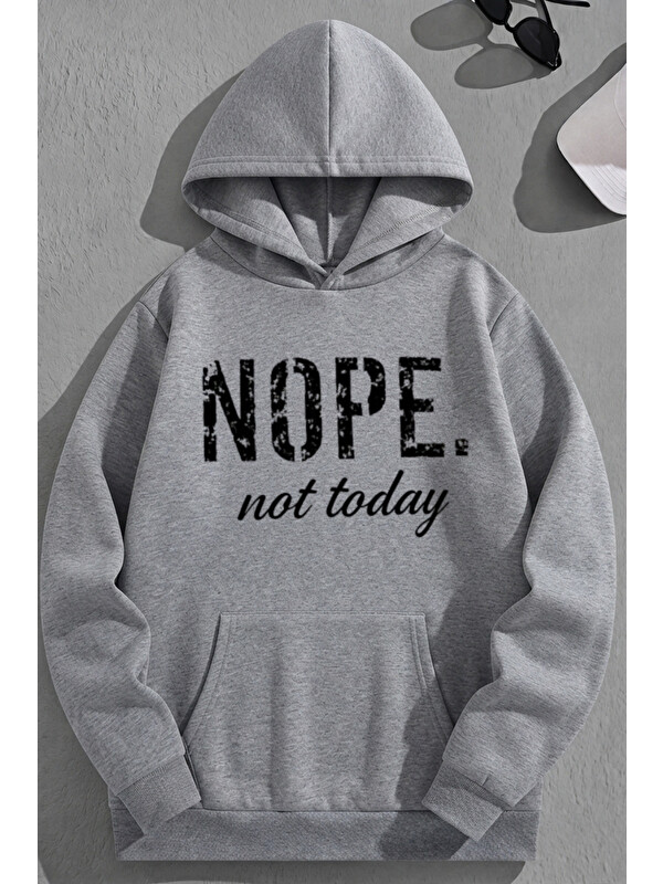 Trendseninle Unisex 3 İplik Pamuklu Gri NOPE Baskı Bol Kalıp Sweatshirt Hoodie