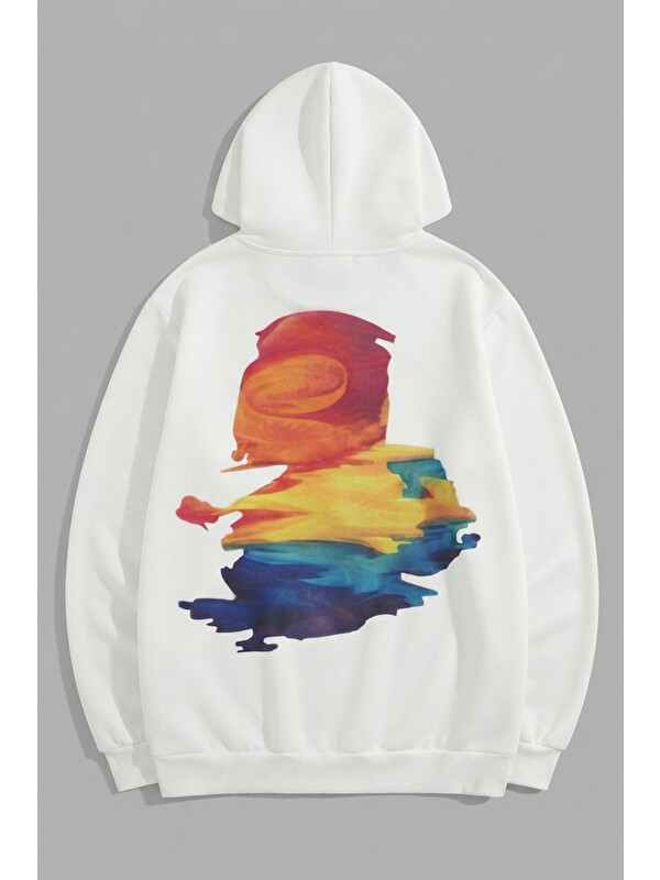 Trendseninle Unisex 3 İplik Pamuklu Beyaz Boya Baskı Bol Kalıp Sweatshirt Hoodie