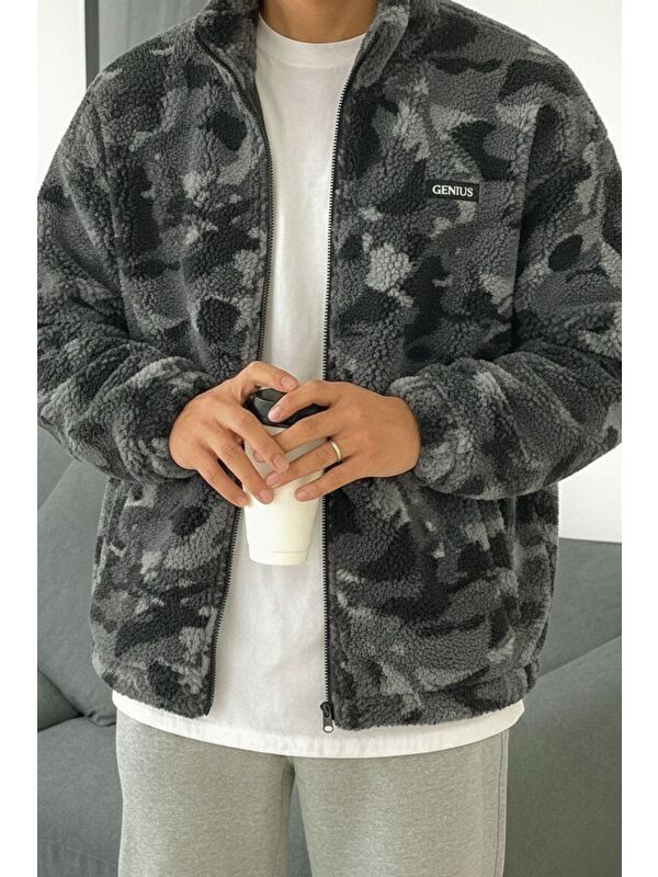Genius Store Oversize Pelüş Tam Fermuarlı Sweatshirt Pelüş İçi Polarlı Sherpa Kumaş Sweatshirt