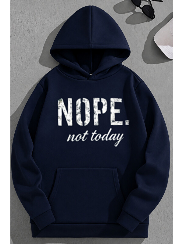 Trendseninle Unisex 3 İplik Pamuklu Lacivert NOPE Baskı Bol Kalıp Sweatshirt Hoodie