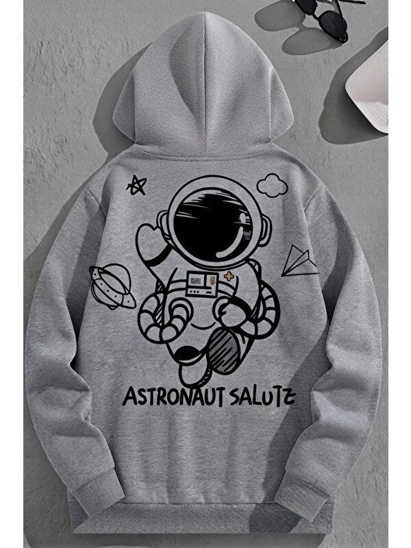 Trendseninle Unisex 3 İplik Pamuklu Gri AstranoutSalutz Baskı Bol Kalıp Sweatshirt Hoodie