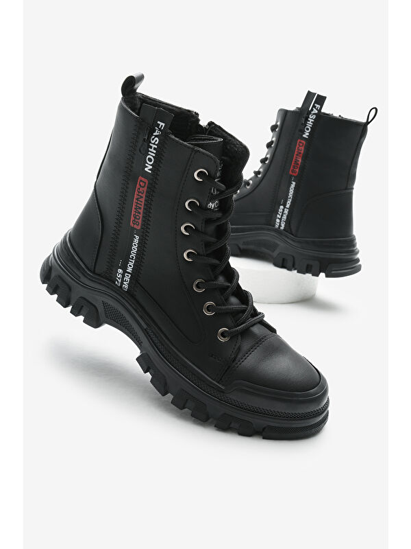 Tonny Black Siyah Tonny Black Cilt Termo Kadın Taban Yanı Şerit Yazılı Bağcıklı ve Fermuarlı Bot