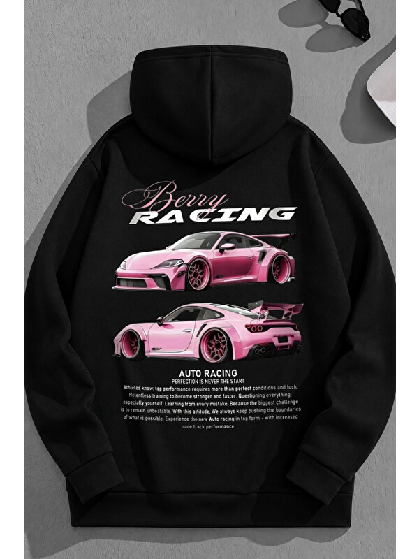 Trendseninle Unisex 3 İplik Pamuklu Siyah BerryRacing Baskı Bol Kalıp Sweatshirt Hoodie