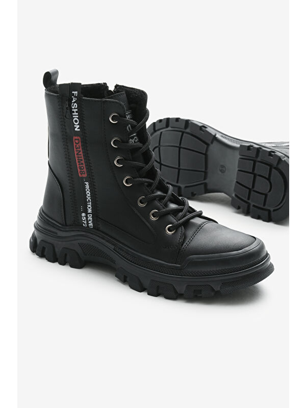 Tonny Black Siyah Tonny Black Cilt Termo Kadın Taban Yanı Şerit Yazılı Bağcıklı ve Fermuarlı Bot