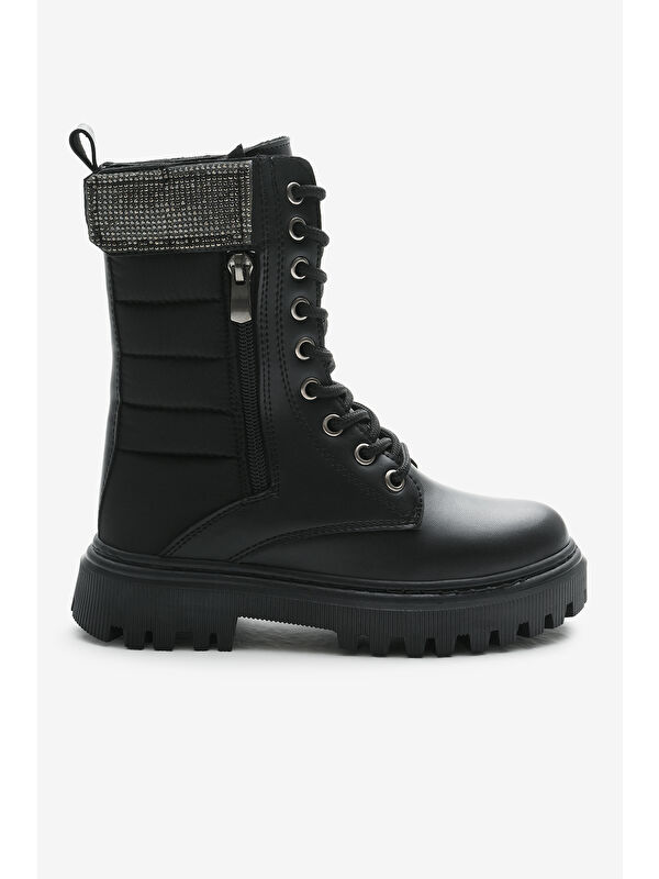 Tonny Black Siyah Tonny Black Cilt Termo Kız Çocuk Taban Taş Detaylı Fermuarlı ve Bağcıklı Cırtlı Bot