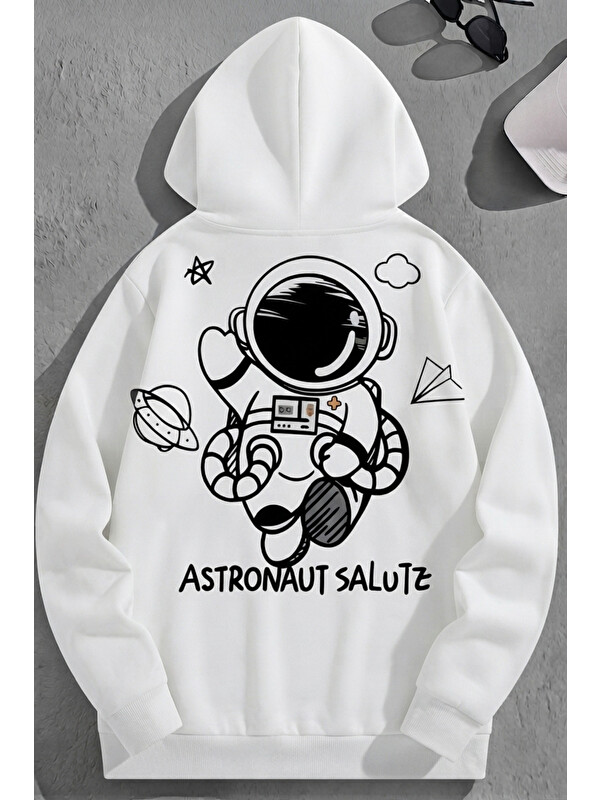 Trendseninle Unisex 3 İplik Pamuklu Beyaz AstranoutSalutz Baskı Bol Kalıp Sweatshirt Hoodie